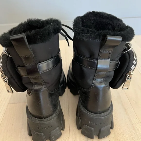 PRADA monolith leather and nylon biker boots with shearling lining black size 35 - Picture 2 of 8